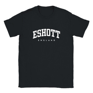 Eshott T Shirt which features white text centered on the chest which says the Village name Eshott in varsity style arched writing with England printed underneath.