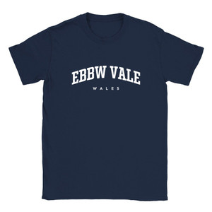 Ebbw Vale T Shirt which features white text centered on the chest which says the Town name Ebbw Vale in varsity style arched writing with Wales printed underneath. Ebbw Vale T Shirt which features white text centered on the chest which says the Town name Ebbw Vale in varsity style arched writing with Wales printed underneath.