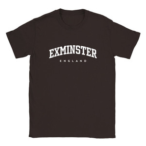 Exminster T Shirt which features white text centered on the chest which says the Village name Exminster in varsity style arched writing with England printed underneath.
