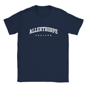 Allerthorpe T Shirt which features white text centered on the chest which says the Village name Allerthorpe in varsity style arched writing with England printed underneath.