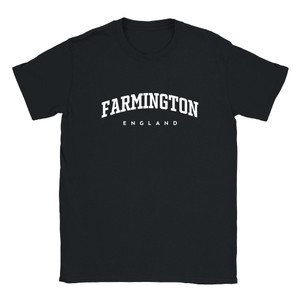 Farmington T Shirt which features white text centered on the chest which says the Village name Farmington in varsity style arched writing with England printed underneath.