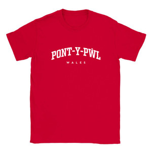 Pont-y-pŵl T Shirt which features white text centered on the chest which says the Town name Pont-y-pŵl in varsity style arched writing with Wales printed underneath. Pont-y-pŵl T Shirt which features white text centered on the chest which says the Town name Pont-y-pŵl in varsity style arched writing with Wales printed underneath.