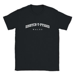 Dinbych-y-Pysgod T Shirt which features white text centered on the chest which says the Town name Dinbych-y-Pysgod in varsity style arched writing with Wales printed underneath. Dinbych-y-Pysgod T Shirt which features white text centered on the chest which says the Town name Dinbych-y-Pysgod in varsity style arched writing with Wales printed underneath.