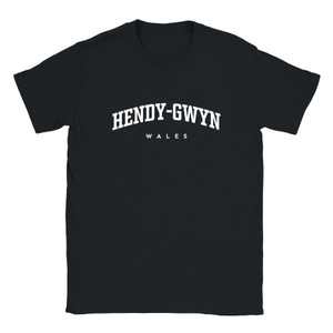 Hendy-Gwyn T Shirt which features white text centered on the chest which says the Town name Hendy-Gwyn in varsity style arched writing with Wales printed underneath. Hendy-Gwyn T Shirt which features white text centered on the chest which says the Town name Hendy-Gwyn in varsity style arched writing with Wales printed underneath.