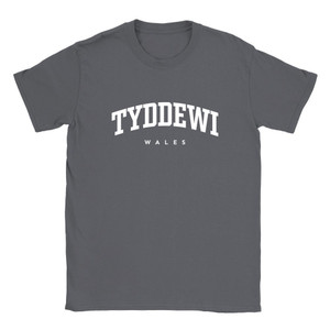 Tyddewi T Shirt which features white text centered on the chest which says the City name Tyddewi in varsity style arched writing with Wales printed underneath. Tyddewi T Shirt which features white text centered on the chest which says the City name Tyddewi in varsity style arched writing with Wales printed underneath.