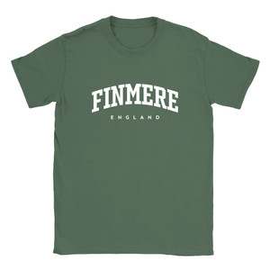 Finmere T Shirt which features white text centered on the chest which says the Village name Finmere in varsity style arched writing with England printed underneath.