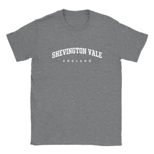 Shevington Vale T Shirt which features white text centered on the chest which says the Village name Shevington Vale in varsity style arched writing with England printed underneath.