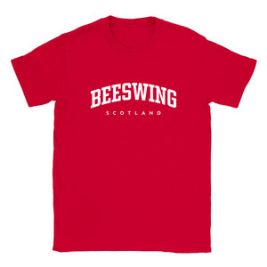 Beeswing T Shirt which features white text centered on the chest which says the Village name Beeswing in varsity style arched writing with Scotland printed underneath.