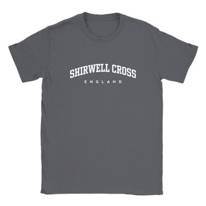 Shirwell Cross T Shirt which features white text centered on the chest which says the Village name Shirwell Cross in varsity style arched writing with England printed underneath.