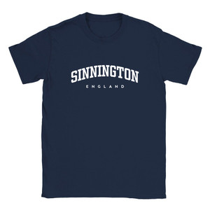 Sinnington T Shirt which features white text centered on the chest which says the Village name Sinnington in varsity style arched writing with England printed underneath.