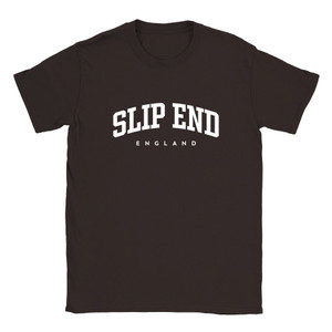 Slip End T Shirt which features white text centered on the chest which says the Village name Slip End in varsity style arched writing with England printed underneath.
