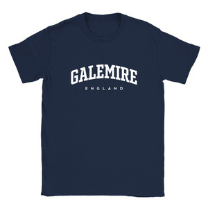 Galemire T Shirt which features white text centered on the chest which says the Village name Galemire in varsity style arched writing with England printed underneath.
