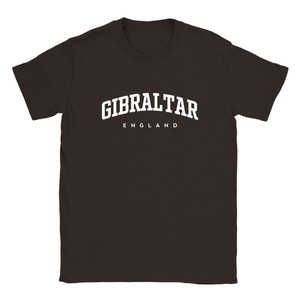Gibraltar T Shirt which features white text centered on the chest which says the Village name Gibraltar in varsity style arched writing with England printed underneath.