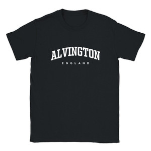 Alvington T Shirt which features white text centered on the chest which says the Village name Alvington in varsity style arched writing with England printed underneath.