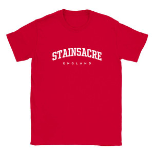 Stainsacre T Shirt which features white text centered on the chest which says the Village name Stainsacre in varsity style arched writing with England printed underneath.
