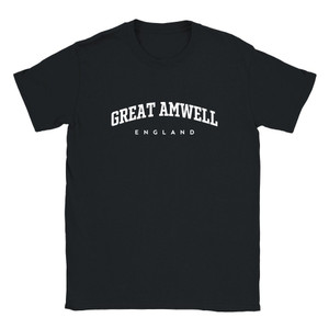 Great Amwell T Shirt which features white text centered on the chest which says the Village name Great Amwell in varsity style arched writing with England printed underneath.