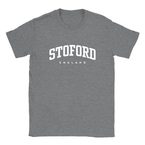 Stoford T Shirt which features white text centered on the chest which says the Village name Stoford in varsity style arched writing with England printed underneath.