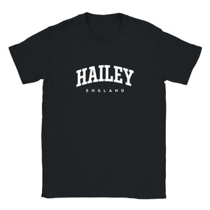Hailey T Shirt which features white text centered on the chest which says the Village name Hailey in varsity style arched writing with England printed underneath.