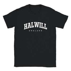 Halwill T Shirt which features white text centered on the chest which says the Village name Halwill in varsity style arched writing with England printed underneath.