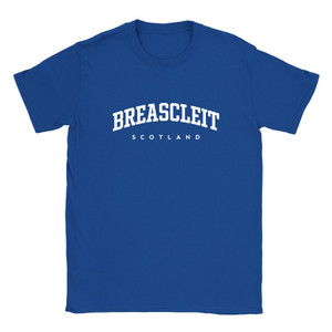 Breascleit T Shirt which features white text centered on the chest which says the Village name Breascleit in varsity style arched writing with Scotland printed underneath.
