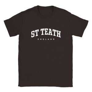 St Teath T Shirt which features white text centered on the chest which says the Village name St Teath in varsity style arched writing with England printed underneath.