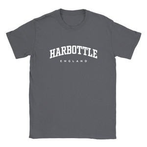 Harbottle T Shirt which features white text centered on the chest which says the Village name Harbottle in varsity style arched writing with England printed underneath.