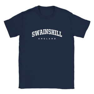 Swainshill T Shirt which features white text centered on the chest which says the Village name Swainshill in varsity style arched writing with England printed underneath.