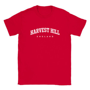 Harvest Hill T Shirt which features white text centered on the chest which says the Village name Harvest Hill in varsity style arched writing with England printed underneath.