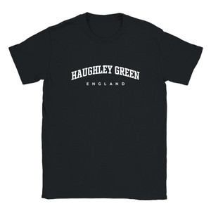 Haughley Green T Shirt which features white text centered on the chest which says the Village name Haughley Green in varsity style arched writing with England printed underneath.