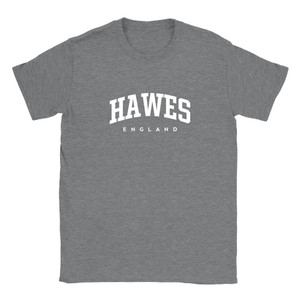 Hawes T Shirt which features white text centered on the chest which says the Village name Hawes in varsity style arched writing with England printed underneath.