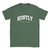 Huntly T Shirt which features white text centered on the chest which says the Town name Huntly in varsity style arched writing with Scotland printed underneath.