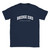 Bridge End T Shirt which features white text centered on the chest which says the Village name Bridge End in varsity style arched writing with Scotland printed underneath.