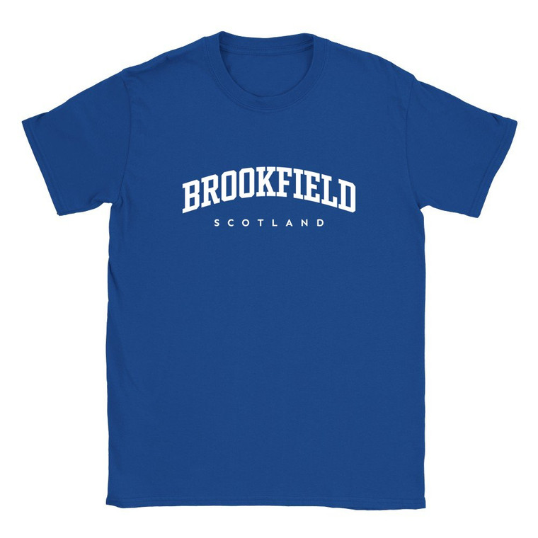 Brookfield T Shirt which features white text centered on the chest which says the Village name Brookfield in varsity style arched writing with Scotland printed underneath.