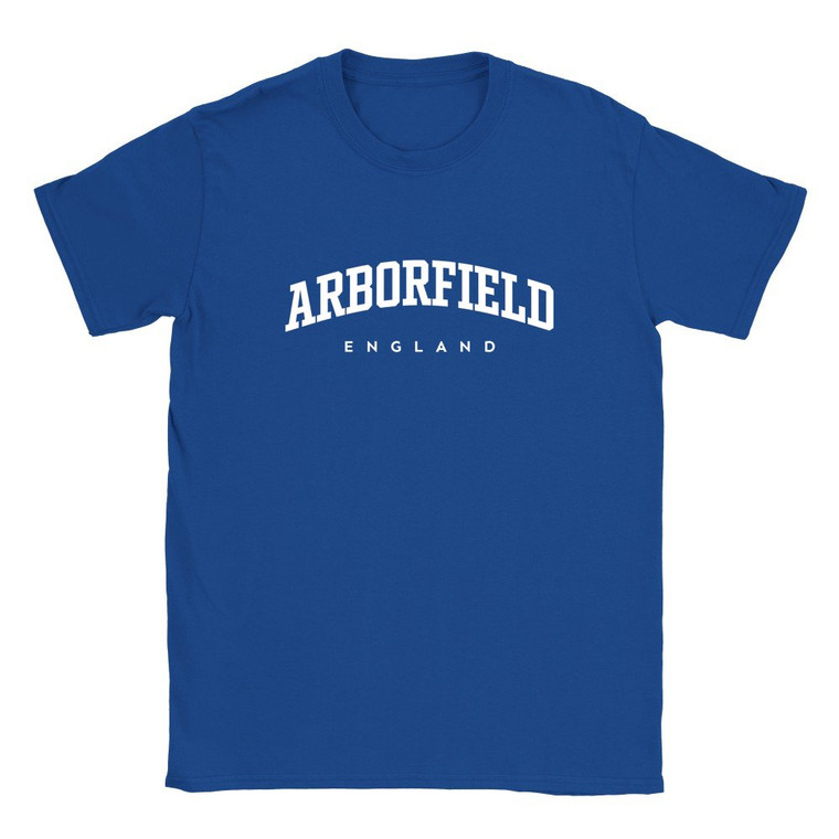 Arborfield T Shirt which features white text centered on the chest which says the Village name Arborfield in varsity style arched writing with England printed underneath.