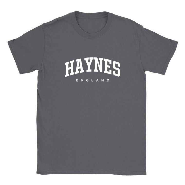 Haynes T Shirt which features white text centered on the chest which says the Village name Haynes in varsity style arched writing with England printed underneath.