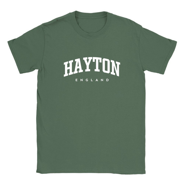 Hayton T Shirt which features white text centered on the chest which says the Village name Hayton in varsity style arched writing with England printed underneath.