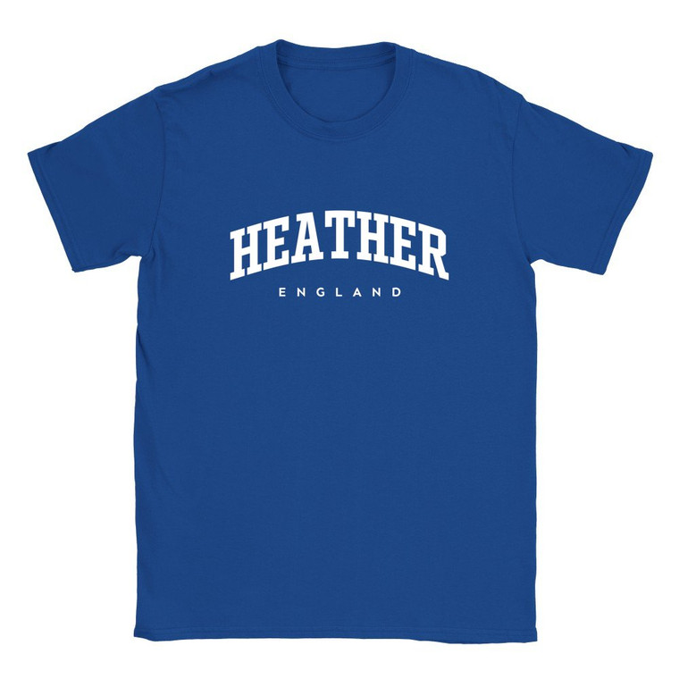 Heather T Shirt which features white text centered on the chest which says the Village name Heather in varsity style arched writing with England printed underneath.