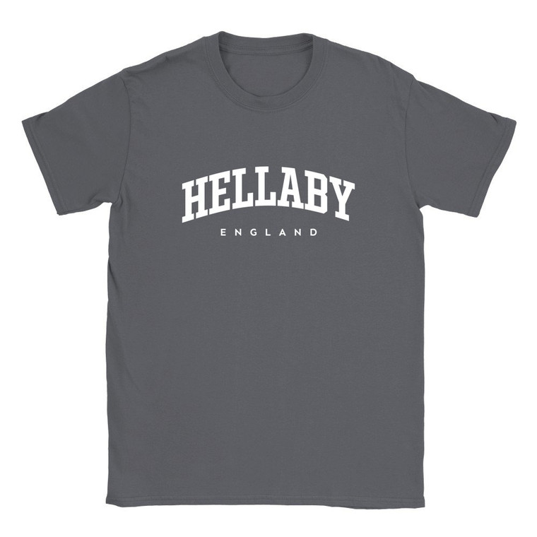 Hellaby T Shirt which features white text centered on the chest which says the Village name Hellaby in varsity style arched writing with England printed underneath.