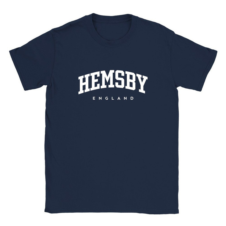 Hemsby T Shirt which features white text centered on the chest which says the Village name Hemsby in varsity style arched writing with England printed underneath.