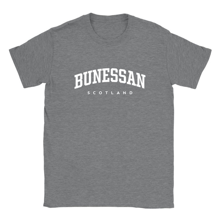 Bunessan T Shirt which features white text centered on the chest which says the Village name Bunessan in varsity style arched writing with Scotland printed underneath.
