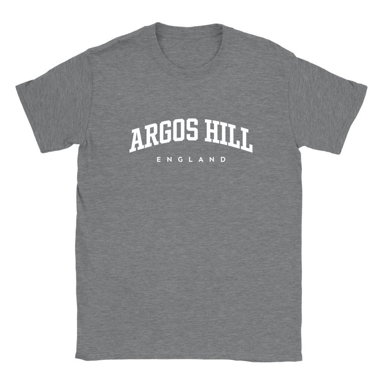 Argos Hill T Shirt which features white text centered on the chest which says the Village name Argos Hill in varsity style arched writing with England printed underneath.