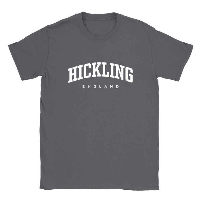 Hickling T Shirt which features white text centered on the chest which says the Village name Hickling in varsity style arched writing with England printed underneath.