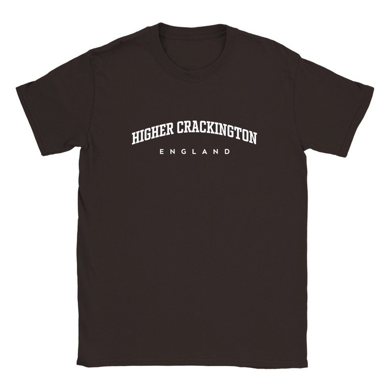 Higher Crackington T Shirt which features white text centered on the chest which says the Village name Higher Crackington in varsity style arched writing with England printed underneath.