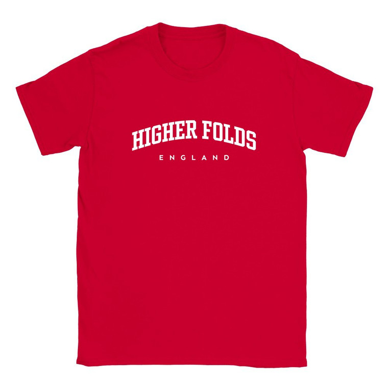 Higher Folds T Shirt which features white text centered on the chest which says the Village name Higher Folds in varsity style arched writing with England printed underneath.
