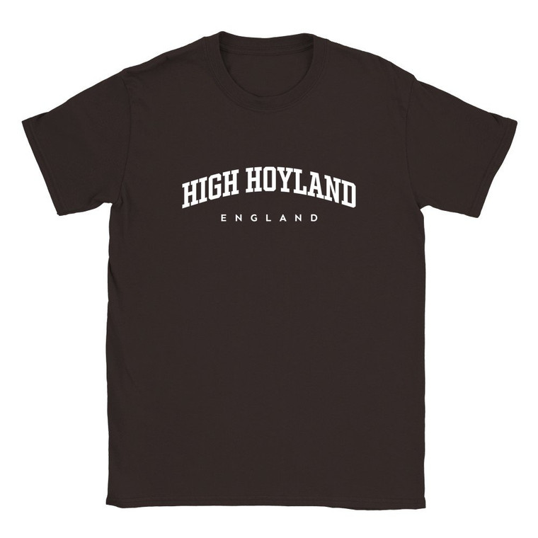 High Hoyland T Shirt which features white text centered on the chest which says the Village name High Hoyland in varsity style arched writing with England printed underneath.