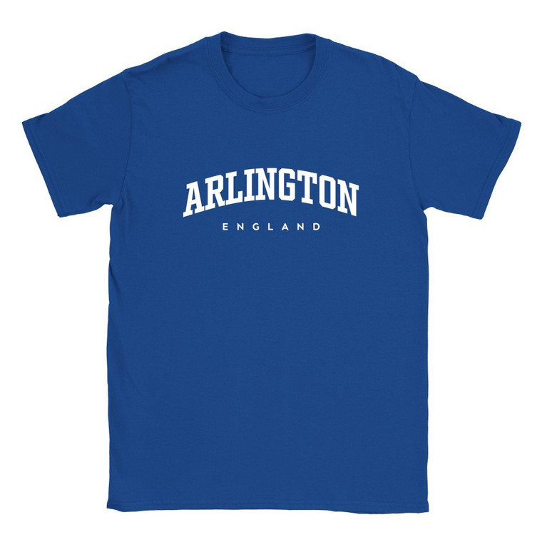 Arlington T Shirt which features white text centered on the chest which says the Village name Arlington in varsity style arched writing with England printed underneath.