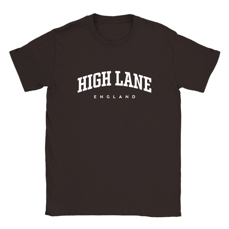 High Lane T Shirt which features white text centered on the chest which says the Village name High Lane in varsity style arched writing with England printed underneath.