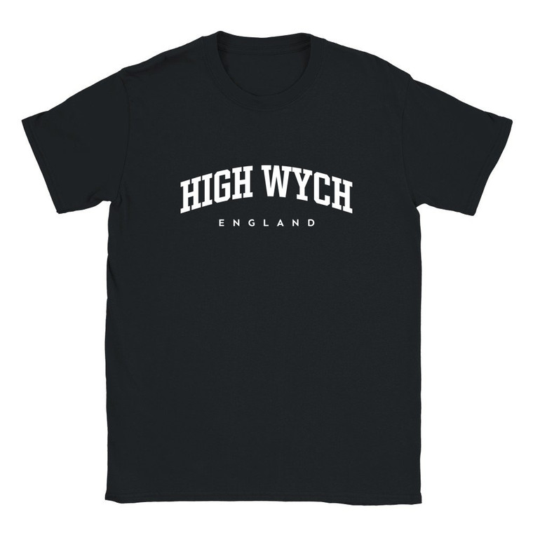 High Wych T Shirt which features white text centered on the chest which says the Village name High Wych in varsity style arched writing with England printed underneath.