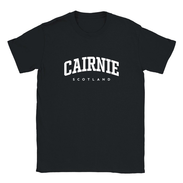 Cairnie T Shirt which features white text centered on the chest which says the Village name Cairnie in varsity style arched writing with Scotland printed underneath.