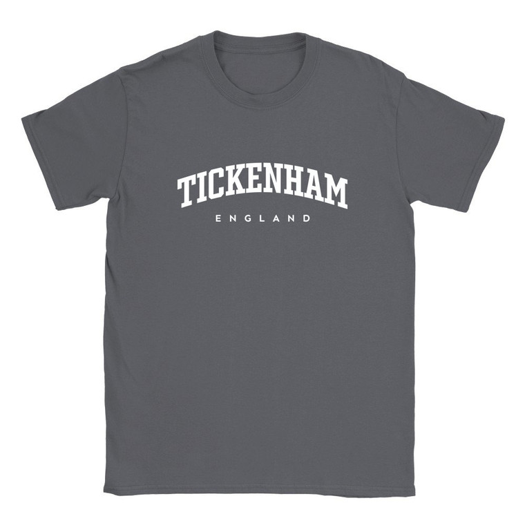 Tickenham T Shirt which features white text centered on the chest which says the Village name Tickenham in varsity style arched writing with England printed underneath.
